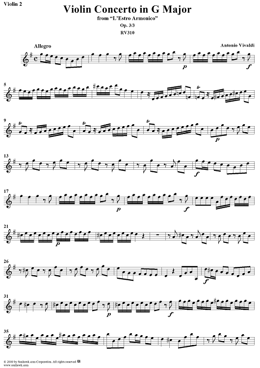 Violin Concerto in G Major    - from "L'Estro Armonico" - Op. 3/3  (RV310) - Violin 2