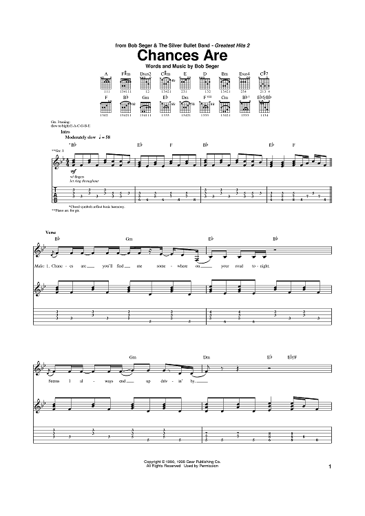 Chances Are Sheet Music by Bob Seger for Guitar Tab Sheet