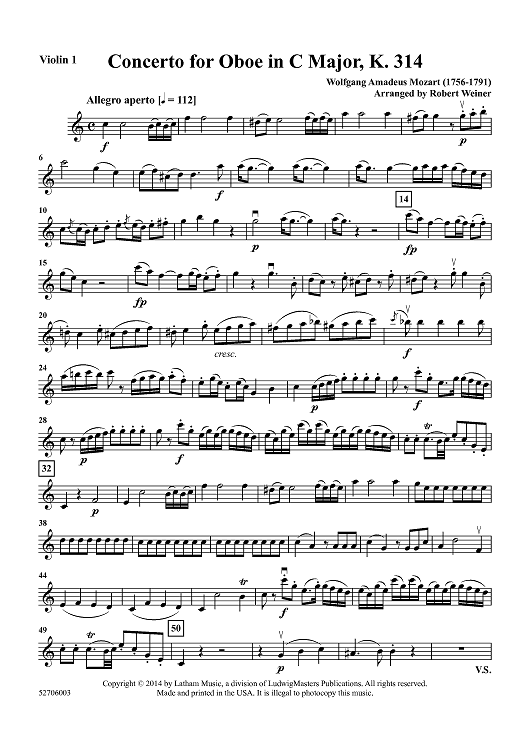 Concerto for Oboe in C Major, K. 314 for Oboe and String Quartet - Violin 1