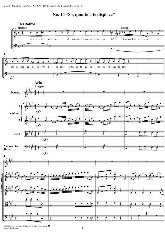 "So, quanto a te dispiace", No. 14 from "Mitridate, rè di Ponto", Act 2, K74a (K87) - Full Score