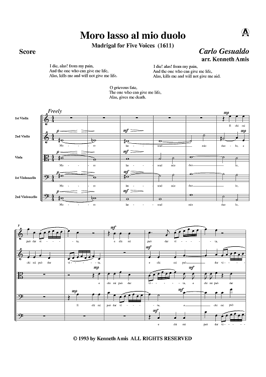 Moro lasso al mio duolo - Score