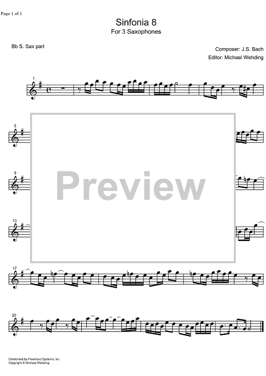 Three Part Sinfonia No. 8 BWV 794 F Major - B-flat Soprano Saxophone