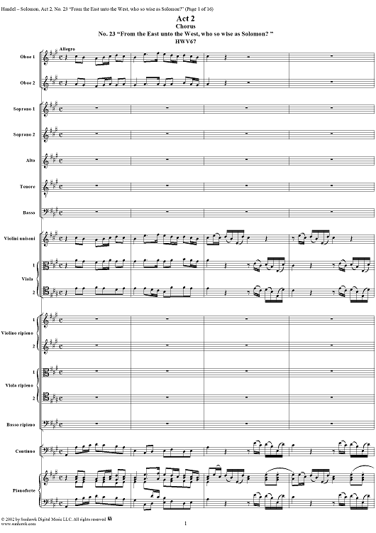 From the East unto the West, who so wise as Solomon?, No. 23 from Oratorio "Solomon", Act 2 (HWV67)