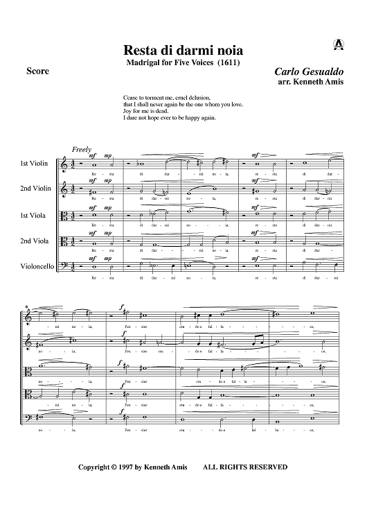 Resta di darmi noia - Score