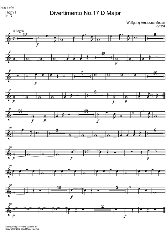 Divertimento No.17 D Major KV334 - Horn in D 1