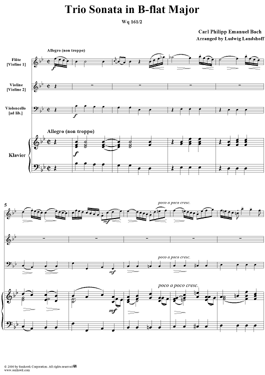 Trio Sonata in B-Flat Major, Wq161/1 - Piano Score