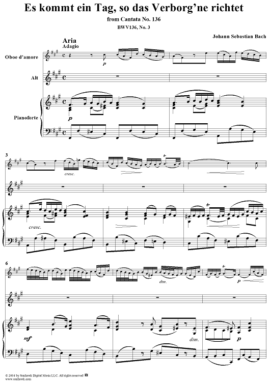 "Es kommt ein Tag, so das Verborg'ne richtet", Aria, No. 3 from Cantata No. 136: "Erforsche mich, Gott, und erfahre mein Herz" - Piano Score