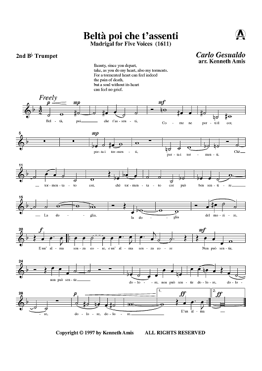 Beltà poi che t'assenti - Trumpet 2 in B-flat and C