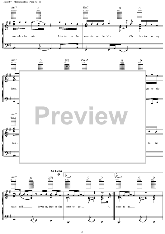 Mandolin Rain" Sheet Music by Bruce Hornsby for Piano/Vocal/Chords