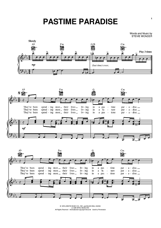 Pastime Paradise" Sheet Music by Stevie Wonder for Piano/Vocal/Chords