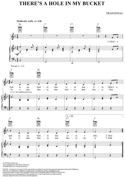 There's a Hole in My Bucket" Sheet Music for Piano/Vocal/Chords Sheet