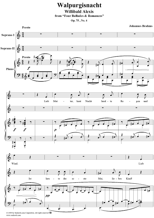 Four Ballades & Romances, Op.75, No.4 Walpurgisnacht, "Lieb Mutter, heut Nacht heulte Regen und Wind"