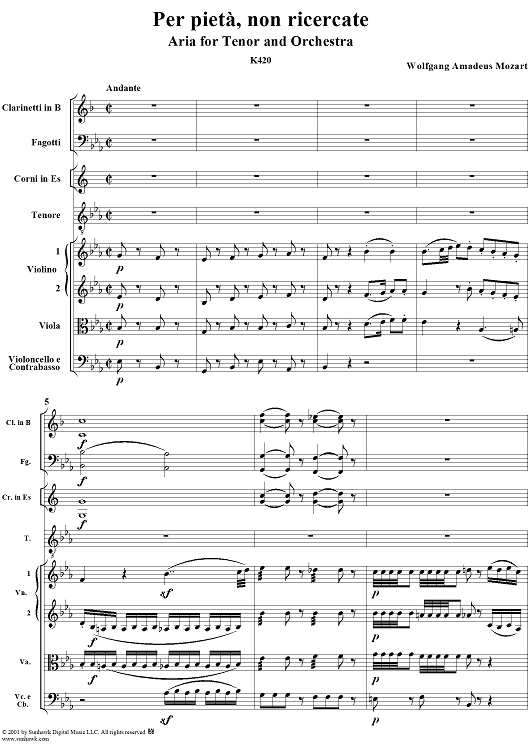 Aria for Tenor and Orchestra: "Per pietà, non ricercate", K. 420 - Full Score