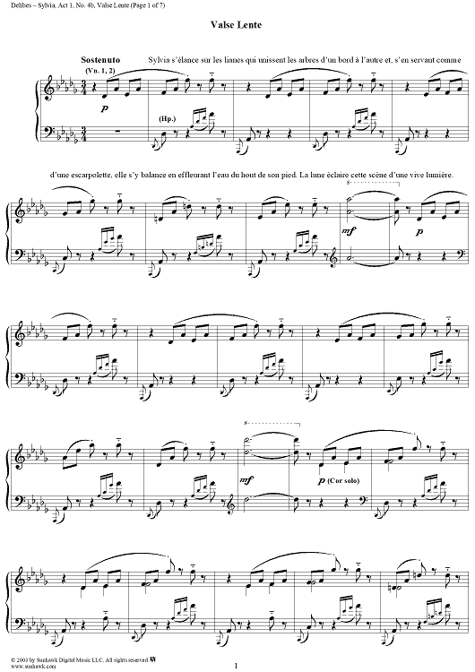 Sylvia, Act 1, No. 4b: Valse Lente - Piano Score