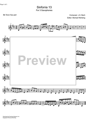 Three Part Sinfonia No.13 BWV 799 a minor - B-flat Tenor Saxophone