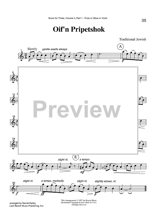 Oif'n Pripetshok - Part 1 Flute, Oboe or Violin