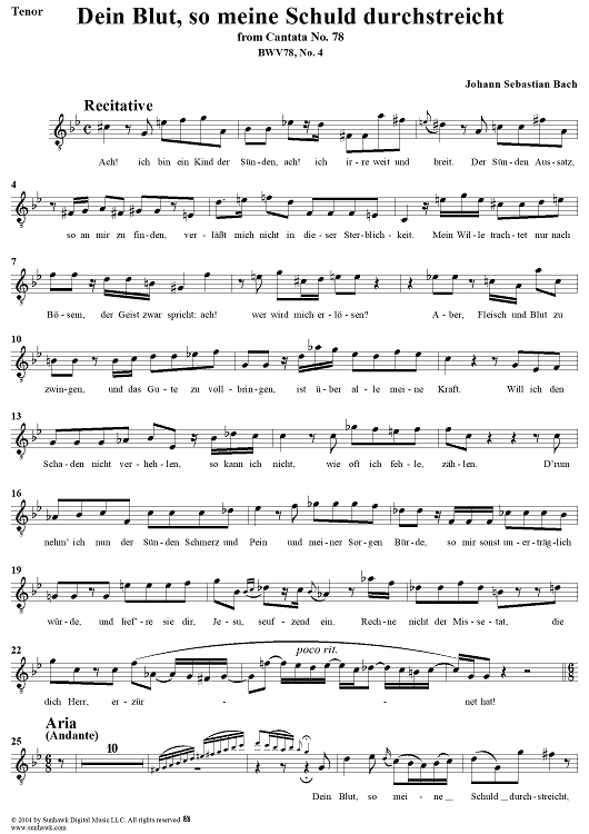 "Dein Blut, so meine Schuld durchstreicht", Aria, No. 4 from Cantata No. 78: "Jesu, der du meine Seele" - Tenor