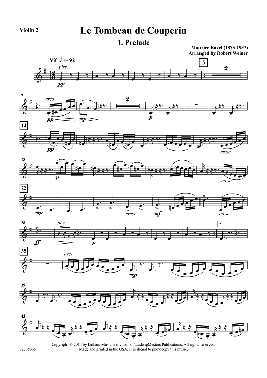 Le Tombeau de Couperin for Oboe and String Quartet - Violin 2