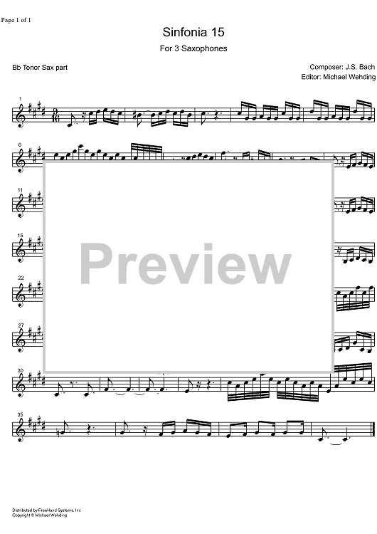 Three Part Sinfonia No.15 BWV 801 b minor - B-flat Tenor Saxophone