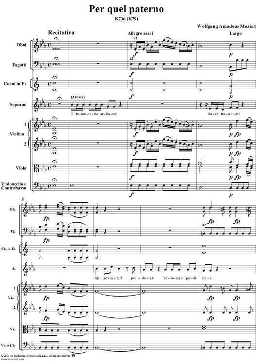 "O temerario Arbace", recitative and "Per quel paterno", aria, K73d (K79) - Full Score