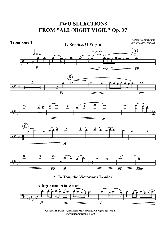 Two Selections from "All-Night Vigil," Op. 37 - Trombone 1