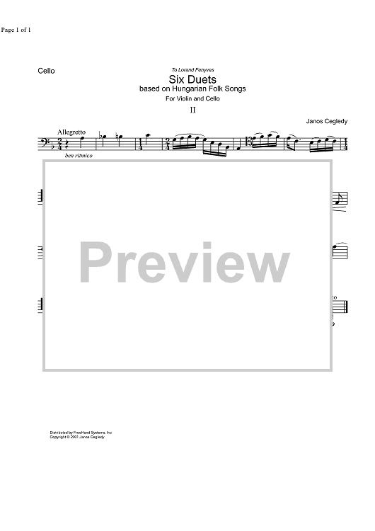 Duet No. 2 from 6 duets based on Hungarian Folk Songs - Cello