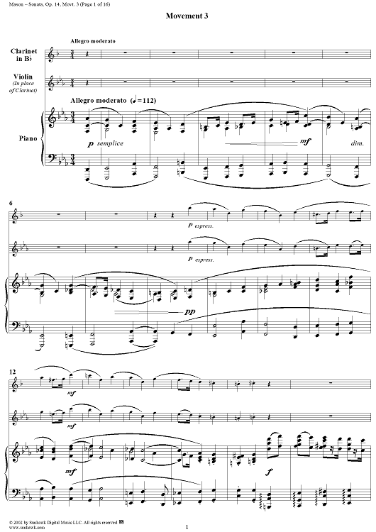 Clarinet Sonata, Op. 14, Movement 3 - Piano Score