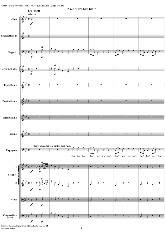 "Hm! hm! hm!" (quintet), No. 5 from  "Die Zauberflöte", Act 1 (K620) - Full Score