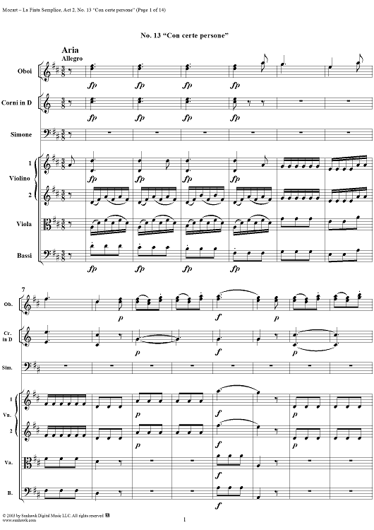 "Con certe persone", No. 13 from "La Finta Semplice", Act 2, K46a (K51) - Full Score
