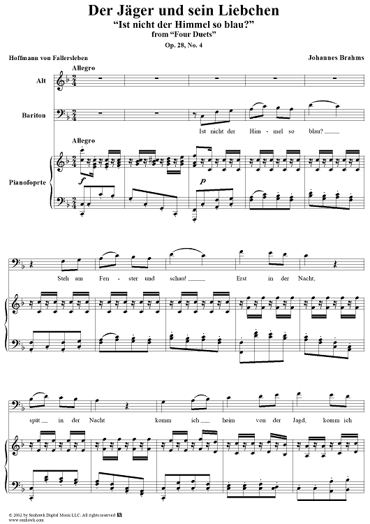 Four Duets, Op.28, No.4 Der Jäger und sein Liebchen, "Ist nicht der Himmel so blau?"