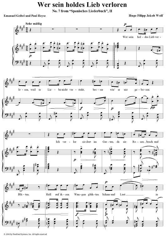 Wer sein holdes Lieb verloren, No. 7 from "Spanisches Liederbuch" II