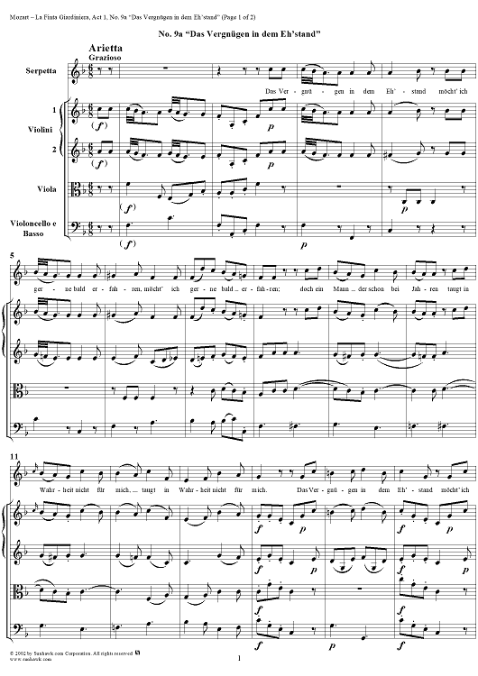 La Finta Giardiniera, Act 1, No. 9a "Das Vergnügen in dem Eh'stand" (Arietta) - Full Score