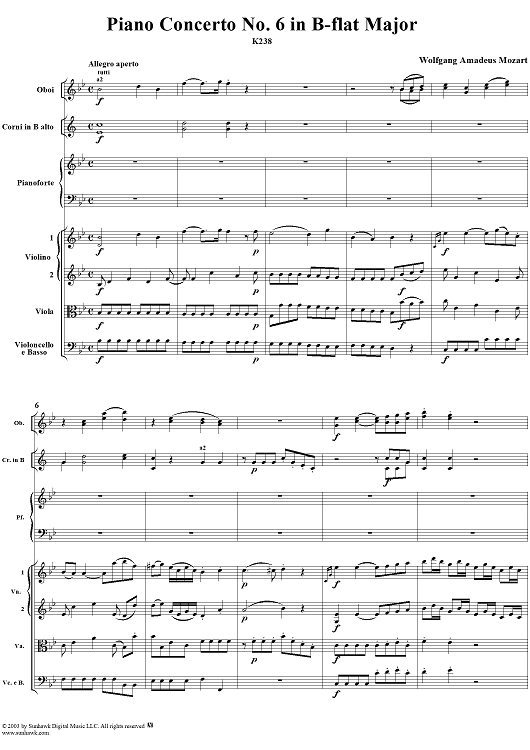 Piano Concerto No. 6 in B-flat Major, K238 - Full Score