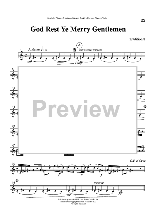 God Rest Ye Merry Gentlemen - Part 2 Flute, Oboe or Violin