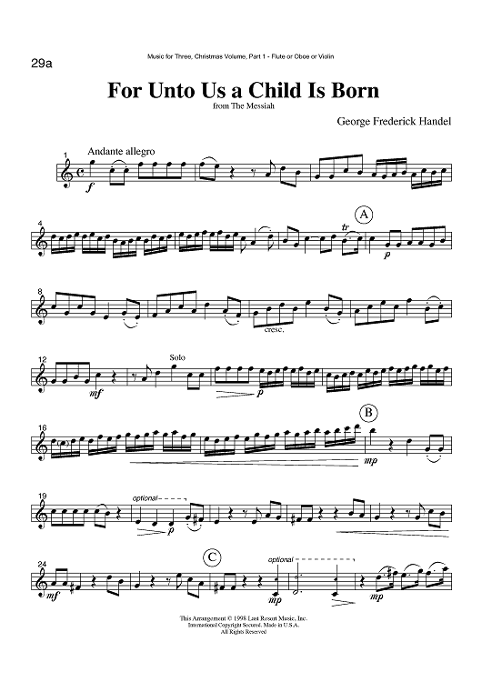 For Unto Us a Child Is Born - from The Messiah - Part 1 Flute, Oboe or Violin