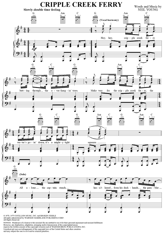 Cripple Creek Ferry" Sheet Music by Neil Young for Piano/Vocal/Chords