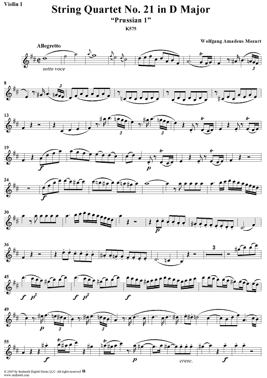 String Quartet No. 21 in D Major, K575 - Violin 1
