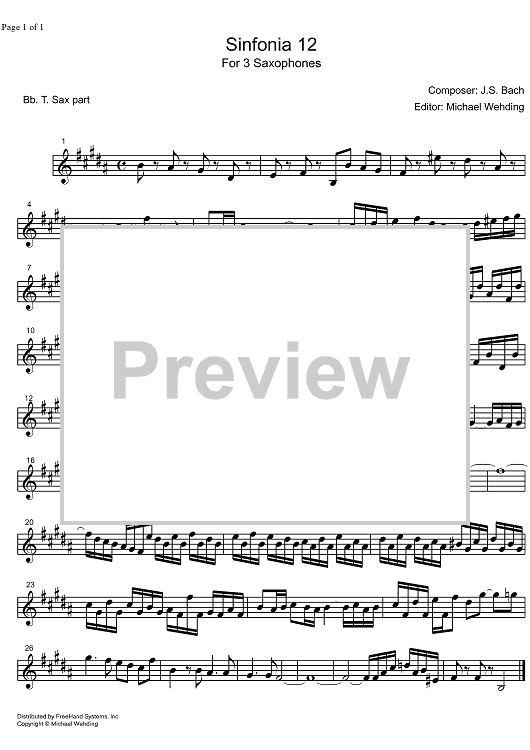 Three Part Sinfonia No.12 BWV 798 A Major - B-flat Tenor Saxophone