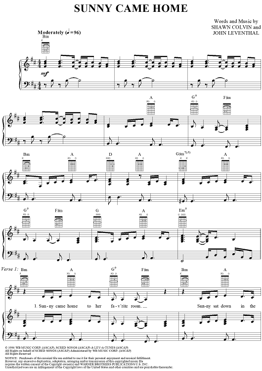 Sunny Came Home" Sheet Music by Shawn Colvin for Piano/Vocal/Chords