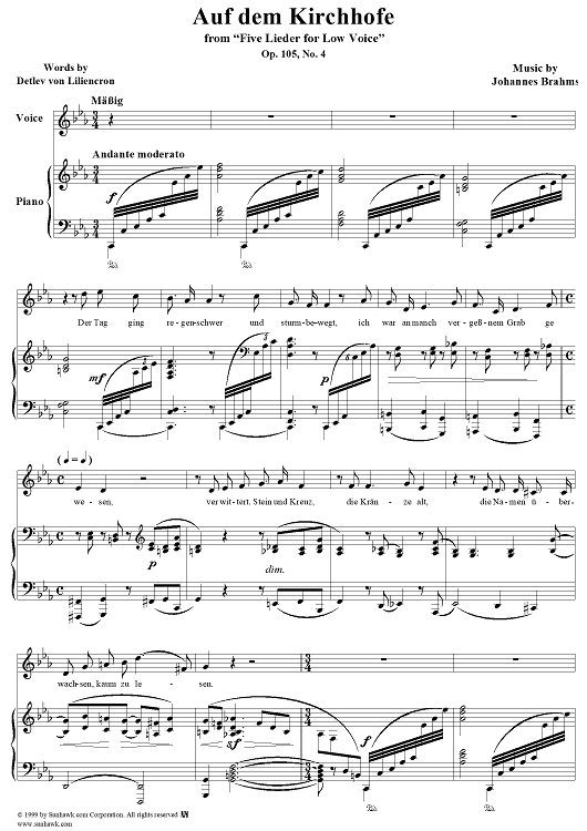 Five Lieder for Low Voice, Op. 105, No. 4, Auf dem Kirchhofe