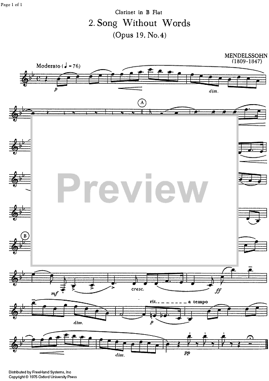 Song without words (Op.19 No. 4) - Clarinet in B-flat