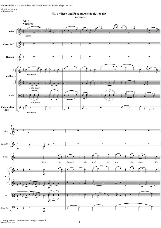 "Herr und Freund, wie dank' ich dir", No. 6 from "Zaide", Act 1, K336b (K344) - Full Score
