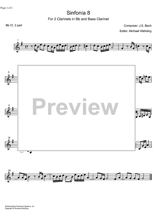 Three Part Sinfonia No. 8 BWV 794 F Major - B-flat Clarinet 2