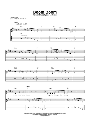 Boom Boom" Sheet Music by Eric Clapton; The Animals; John Lee Hooker; Big  Head Todd and the Monsters for Guitar Tab