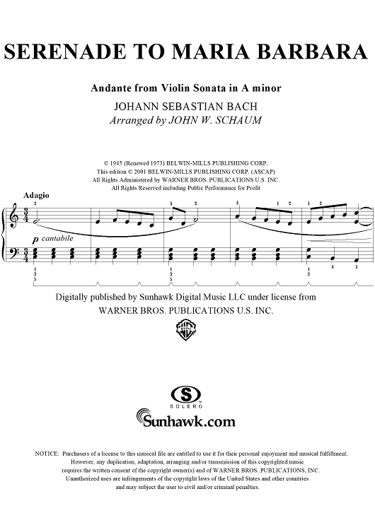 Serenade to Maria Barbara (Andante from Violin Sonata in A Minor)