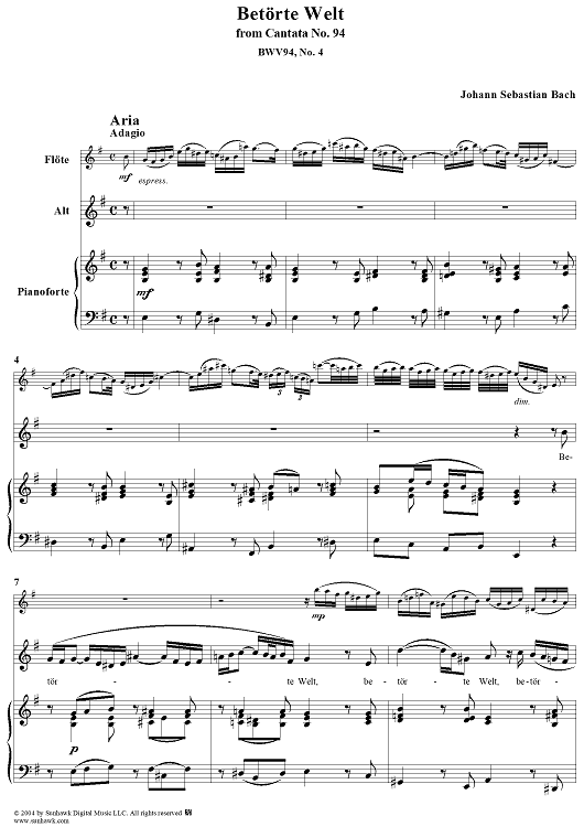 "Betörte Welt", Aria, No. 4 from Cantata No. 94: "Was frag' ich nach der Welt" - Piano Score