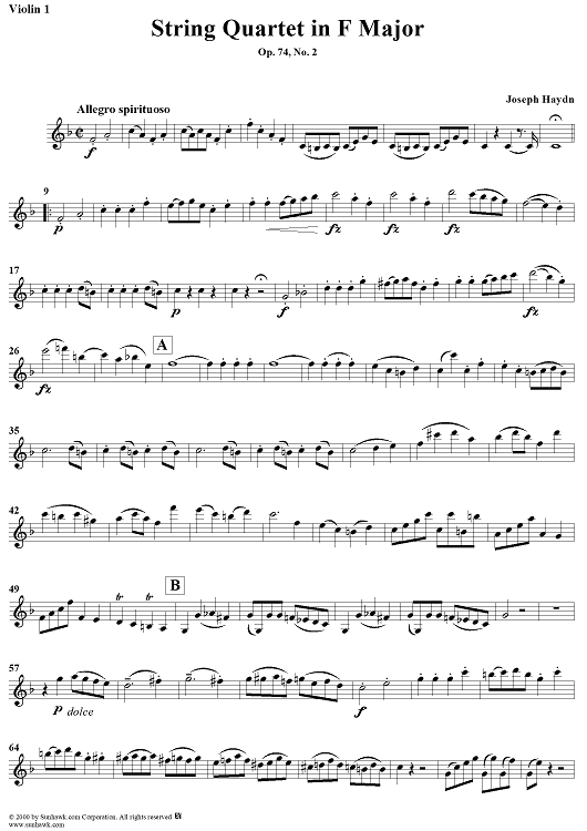 String Quartet in F Major, Op. 74, No. 2 - Violin 1