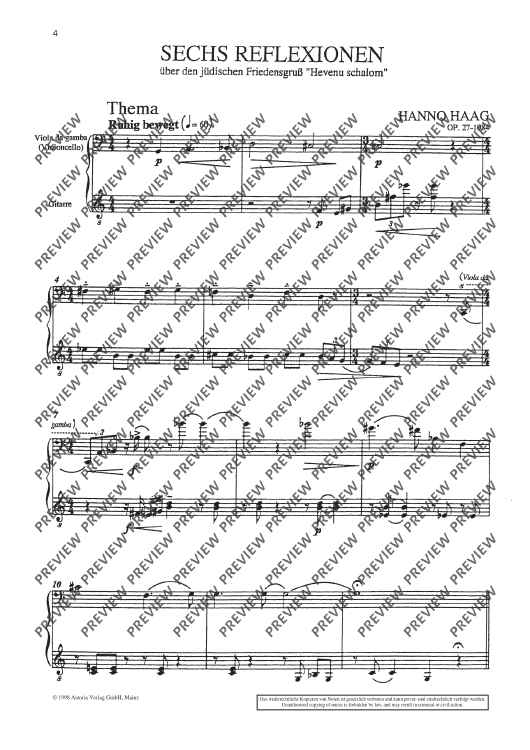 Six Reflections" Sheet Music for Viola Da Gamba (cello) And Guitar