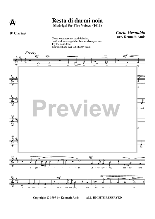Resta di darmi noia - Clarinet in B-flat