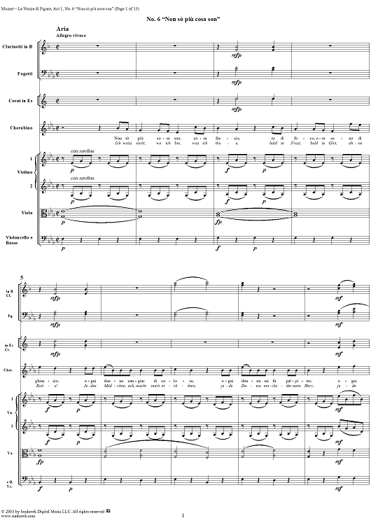 "Non sò più cosa son", No. 6 from "Le Nozze di Figaro", Act 1, K492 - Full Score